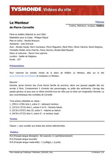 Télécharger la fiche pédagogique "Le Menteur" (pdf) - TV5 Monde