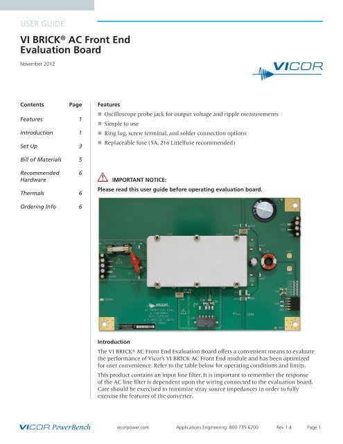 VI BRICK AC Front End Evaluation Board User Guide - Vicor