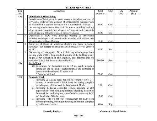 BILL OF QUANTITIES Item No. Description Total Quantity Unit Rate