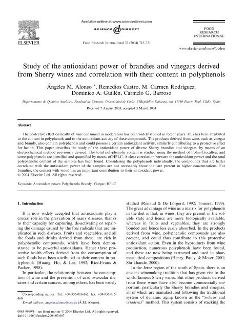 Study of the antioxidant power of brandies and vinegars derived ...