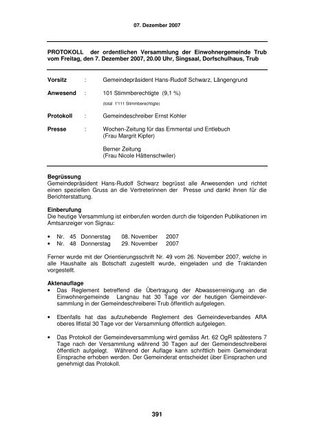 PROTOKOLL der ordentlichen Versammlung der - Trub