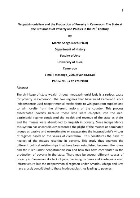 Neopatrimonialism and the Production of Poverty in Cameroon: The ...