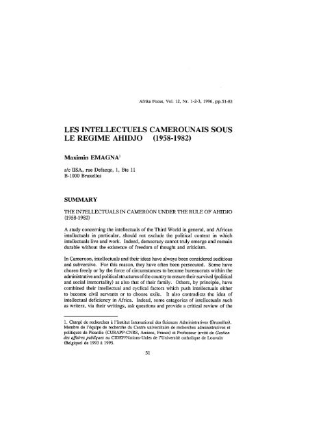 LES INTELLECTUELS CAMEROUNAIS SOUS LE REGIME AHIDJO ...