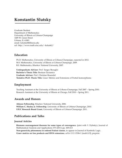 Konstantin Slutsky - Mathematics - University of Illinois at Urbana ...