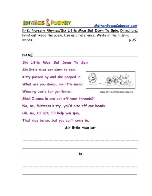MotherGooseCaboose.com K-2. Nursery Rhymes. Read the poem ...