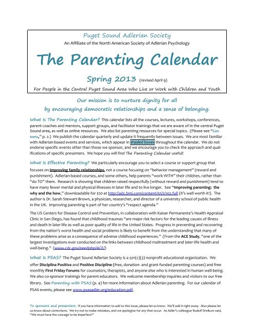 The Parenting Calendar - Puget Sound Adlerian Society