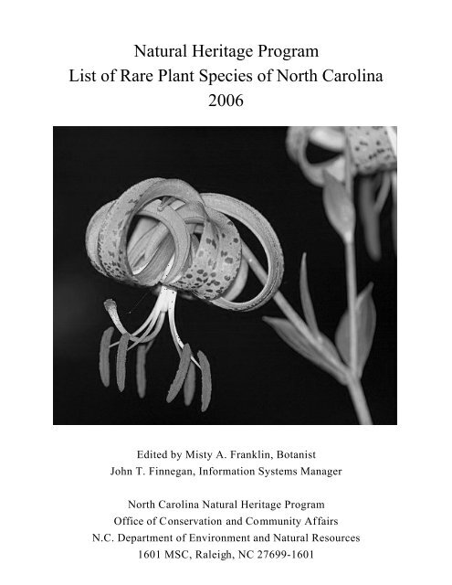 Natural Heritage Program List of Rare Plant Species - Rawlings ...