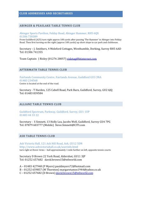 Clubs Secretaries Guildford Table Tennis League