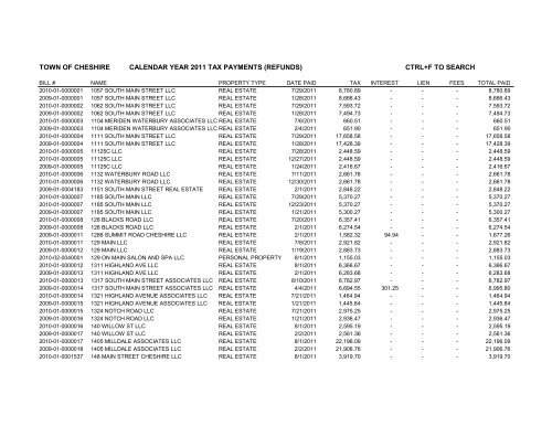 town of cheshire calendar year 2011 tax payments (refunds) ctrl+f to ...