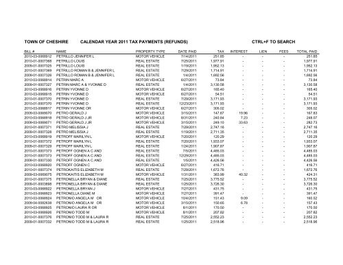 town of cheshire calendar year 2011 tax payments (refunds) ctrl+f to ...