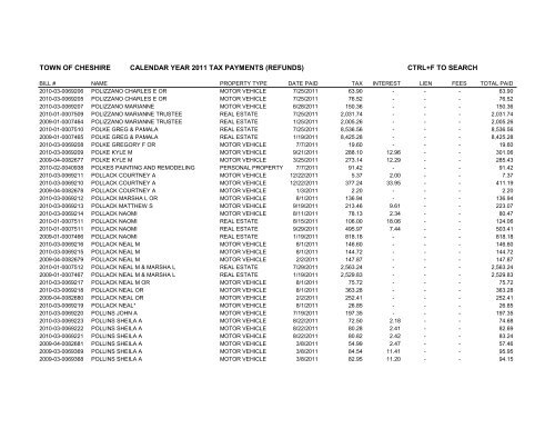 town of cheshire calendar year 2011 tax payments (refunds) ctrl+f to ...