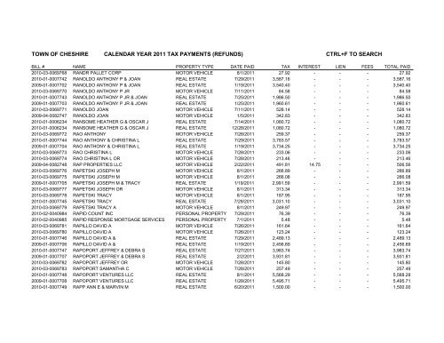 town of cheshire calendar year 2011 tax payments (refunds) ctrl+f to ...