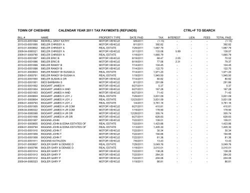 town of cheshire calendar year 2011 tax payments (refunds) ctrl+f to ...