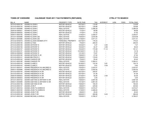 town of cheshire calendar year 2011 tax payments (refunds) ctrl+f to ...