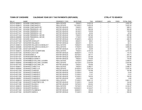 town of cheshire calendar year 2011 tax payments (refunds) ctrl+f to ...