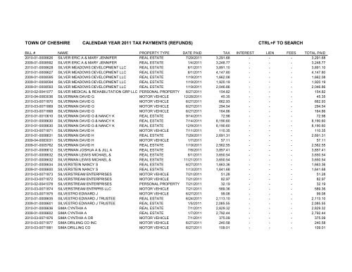 town of cheshire calendar year 2011 tax payments (refunds) ctrl+f to ...