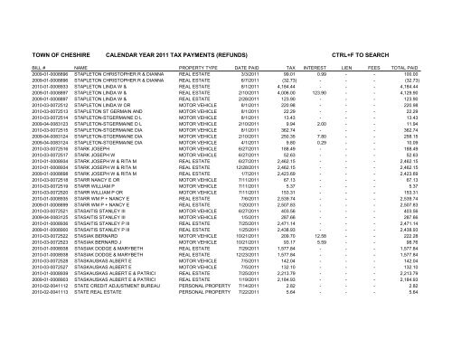 town of cheshire calendar year 2011 tax payments (refunds) ctrl+f to ...