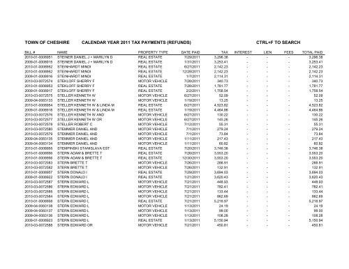 town of cheshire calendar year 2011 tax payments (refunds) ctrl+f to ...