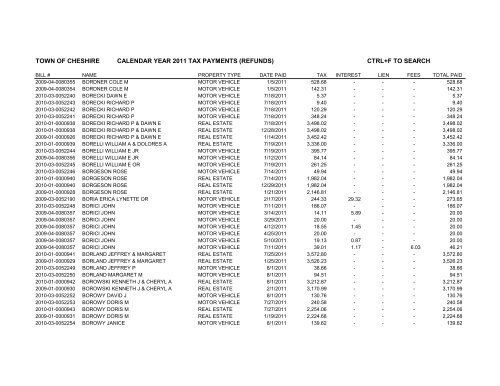 town of cheshire calendar year 2011 tax payments (refunds) ctrl+f to ...