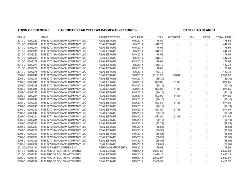 town of cheshire calendar year 2011 tax payments (refunds) ctrl+f to ...