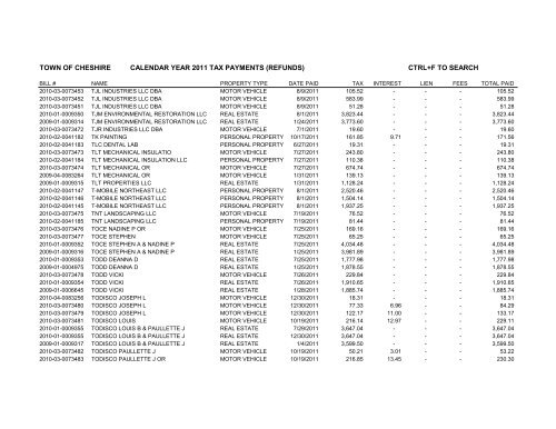 town of cheshire calendar year 2011 tax payments (refunds) ctrl+f to ...