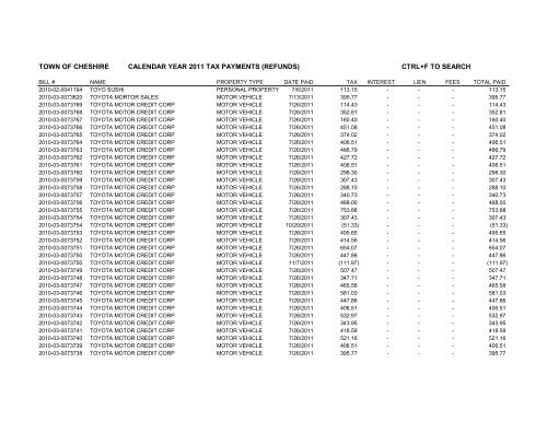 town of cheshire calendar year 2011 tax payments (refunds) ctrl+f to ...