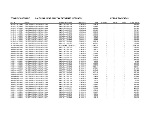 town of cheshire calendar year 2011 tax payments (refunds) ctrl+f to ...