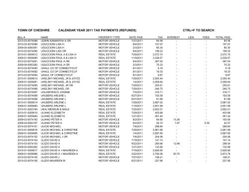 town of cheshire calendar year 2011 tax payments (refunds) ctrl+f to ...