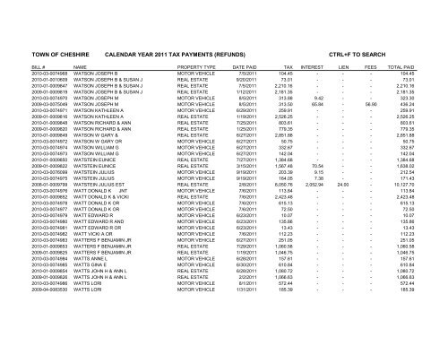 town of cheshire calendar year 2011 tax payments (refunds) ctrl+f to ...