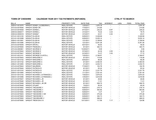 town of cheshire calendar year 2011 tax payments (refunds) ctrl+f to ...