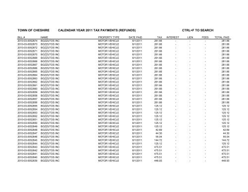 town of cheshire calendar year 2011 tax payments (refunds) ctrl+f to ...