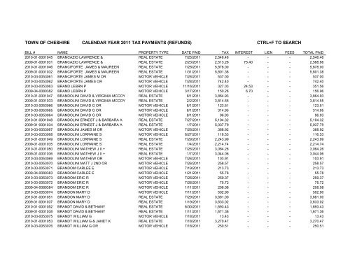 town of cheshire calendar year 2011 tax payments (refunds) ctrl+f to ...