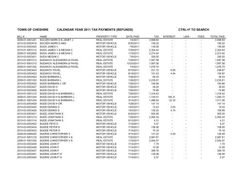 town of cheshire calendar year 2011 tax payments (refunds) ctrl+f to ...