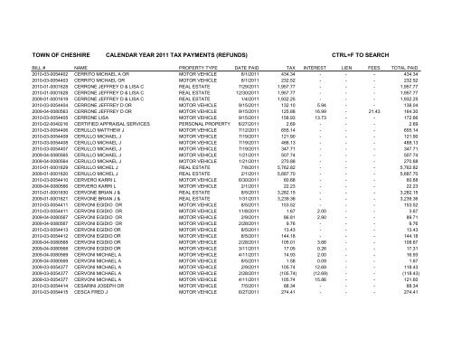 town of cheshire calendar year 2011 tax payments (refunds) ctrl+f to ...