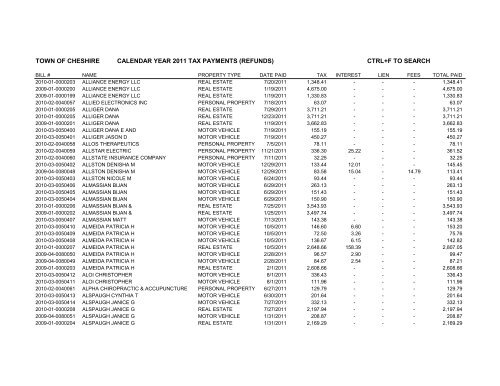 town of cheshire calendar year 2011 tax payments (refunds) ctrl+f to ...