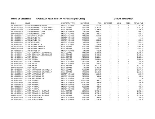 town of cheshire calendar year 2011 tax payments (refunds) ctrl+f to ...