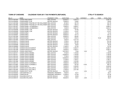 town of cheshire calendar year 2011 tax payments (refunds) ctrl+f to ...