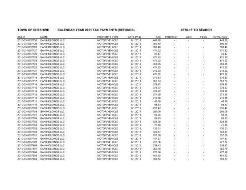 town of cheshire calendar year 2011 tax payments (refunds) ctrl+f to ...