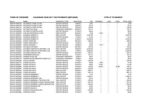 town of cheshire calendar year 2011 tax payments (refunds) ctrl+f to ...