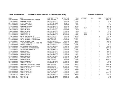 town of cheshire calendar year 2011 tax payments (refunds) ctrl+f to ...