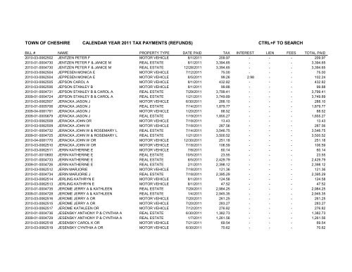 town of cheshire calendar year 2011 tax payments (refunds) ctrl+f to ...