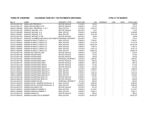 town of cheshire calendar year 2011 tax payments (refunds) ctrl+f to ...