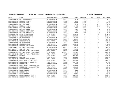 town of cheshire calendar year 2011 tax payments (refunds) ctrl+f to ...