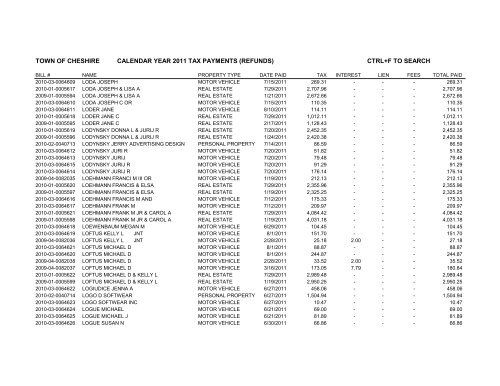 town of cheshire calendar year 2011 tax payments (refunds) ctrl+f to ...