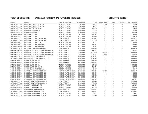 town of cheshire calendar year 2011 tax payments (refunds) ctrl+f to ...