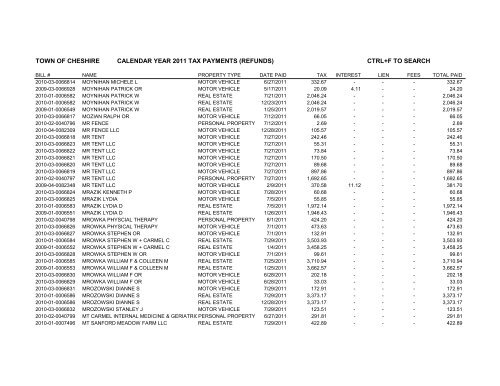 town of cheshire calendar year 2011 tax payments (refunds) ctrl+f to ...