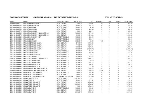 town of cheshire calendar year 2011 tax payments (refunds) ctrl+f to ...