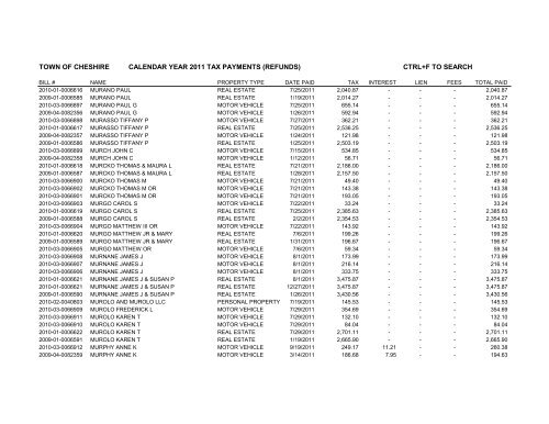 town of cheshire calendar year 2011 tax payments (refunds) ctrl+f to ...