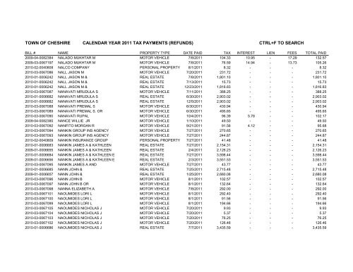 town of cheshire calendar year 2011 tax payments (refunds) ctrl+f to ...