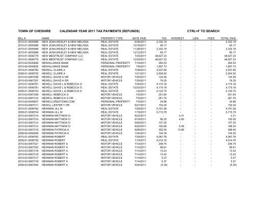 town of cheshire calendar year 2011 tax payments (refunds) ctrl+f to ...